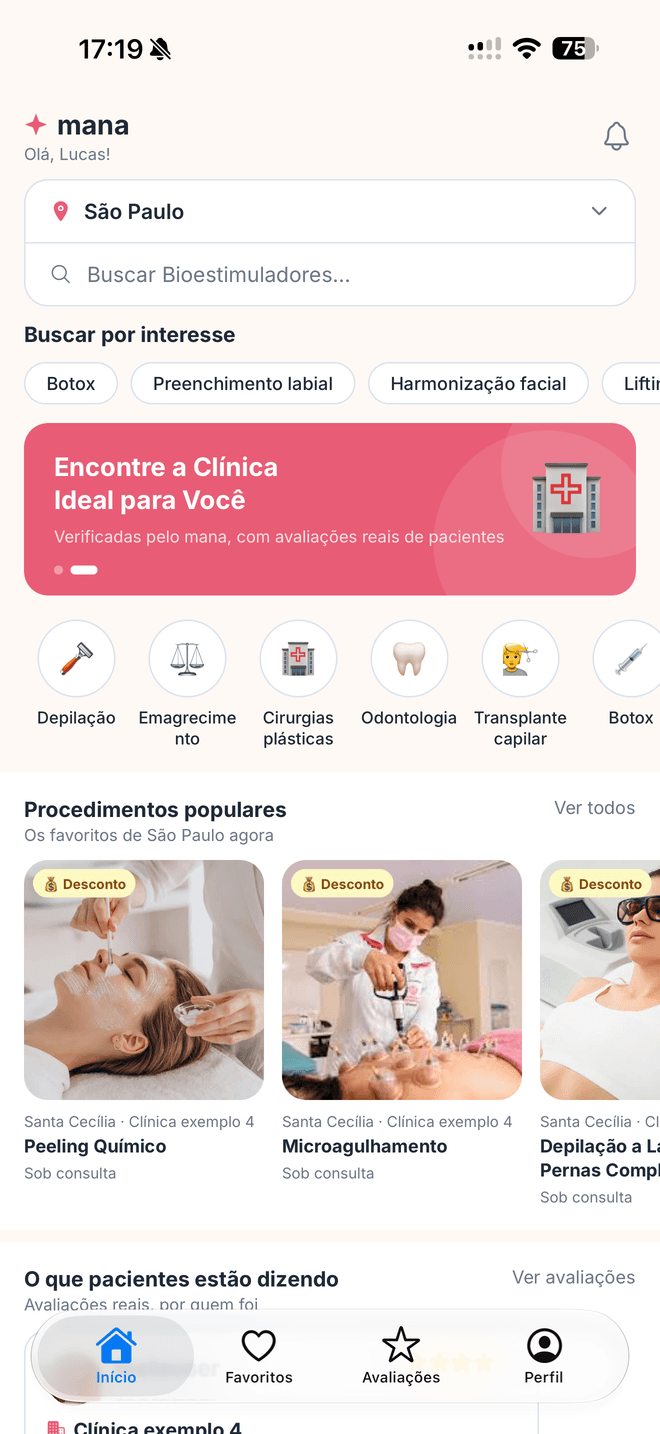 Tela inicial do app mana mostrando busca de procedimentos e clínicas verificadas